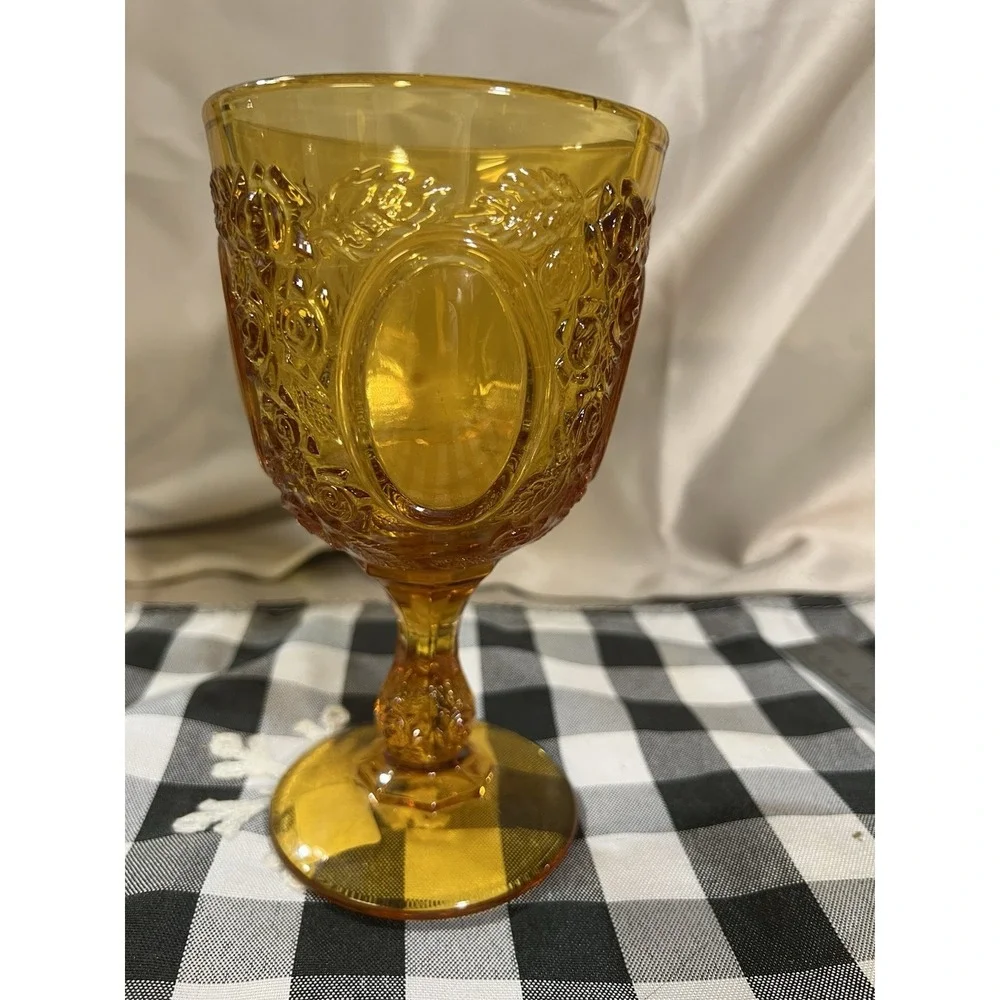 GORGEOUS VTG ROSE OVAL AMBER DEPRESSION GLASS GOBLET‎  6.5